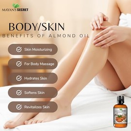 Unrefined Sweet Almond Oil |100% Pure Virgin | Cold Pressed | Hexane Free | Natural Moisturizer |Great For Hair, Skin & Nails | Carrier Oil | Great To Dilute Essential Oils Mayan's Secret