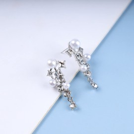 Inateannal Vintage Pearl Crystal Drop Earrings Long Pearl Rhinestone Earrings Cluster CZ Pearl Chandelier Earrings Silver Crystal Wedding Stud Earrings Jewellery for Women and Girls, Crystal