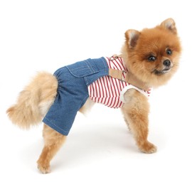 PAIDEFUL Dog Outfits Denim Dogs Overalls Classic Stripe Shirts Bib Pants for Cats Summer Cool Dog Clothes Doggie Jean Jumpsuit Onesie Puppy T-Shirt Apparel with Pocket D-Ring,Red,M