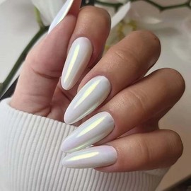 Medium Almond Press on Nails Chrome Fake Nails White with Aurora Design Acrylic False Nails Artificial Glue on Nails Full Cover Stick on Nails for Women Girls Manicure Art 24Pcs