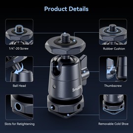 SMALLRIG Mini Ball Head (2-Pack) with 1/4" Screw and Removable Shoe Mount, 360 Degree Rotating Aluminium Tripod Head for Camera Tripods, Monopods, Camcorders, Max Load 1.5kg - 2948B