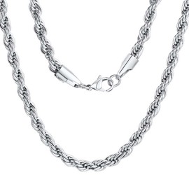 Xikui 18k Real Gold Plated Rope Chain, 6mm 8mm Stainless Steel Twist Chain Necklace, Father's Day Gifts for Men Women 18-24 Inches (Silver 8mm, 24inch)