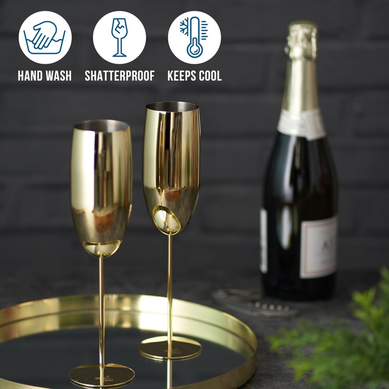 Oak & Steel 6 Gold Champagne Flutes, 280ml - Stainless