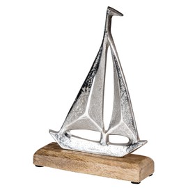 levandeo Sailing Boat Height 21 cm Metal Mango Wood Silver Natural Maritime Decorative Boat Ship Sea Coast Decoration Stand Table Decoration