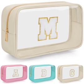 OUUTMEE Personalisierte Kosmetiktasche mit Anfangsbuchstaben, transparent, Reise-Kosmetiktasche, wasserdichte Kulturtasche mit Reißverschluss für Teenager, Mädchen und Frauen(Beige, M)