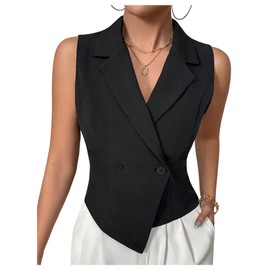 Floerns Women's Elegant Wrap Asymmetrical Hem Vest Waistcoat Button Blazer Jacket Black Medium