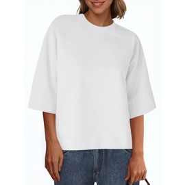 Fisoew Womens Oversized Sweatshirts 3/4 Sleeve Crewneck Loose Fit Basic Summer Casual Pullover Tops White