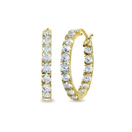 Gold Flashed Sterling Silver 3x25mm Inside Out Cubic Zirconia Round Hoop Earrings for Women