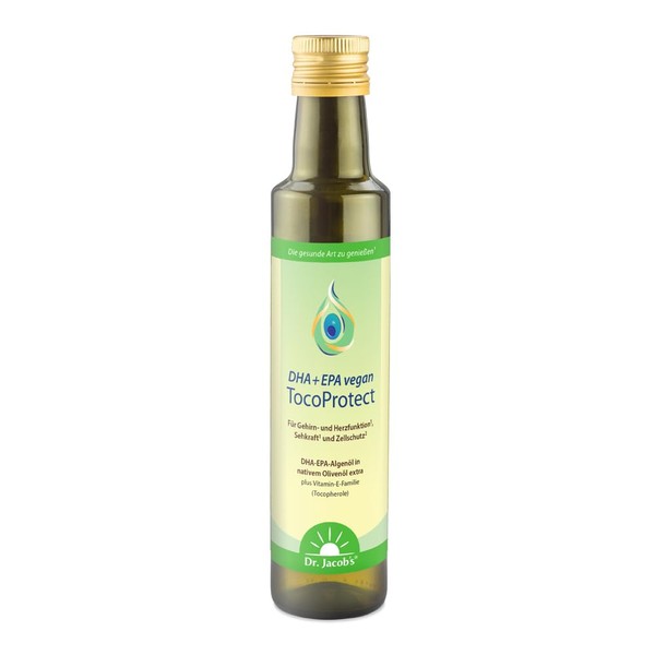 Dr. Jacob's DHA + EPA Vegan TocoProtect I 250 ml Bottle I Highly Concentrated in Omega-3 Fatty Acids DHA and EPA I Olive Oil with the Vegetable Vitamin E Family - All Four Tocopherols I 50 Servings