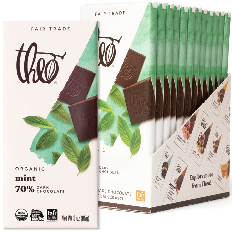 Theo Chocolate Mint Organic Dark Chocolate Bar, 70% Cacao, 12