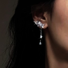 TseenYi Crystal Flower Stud Earrings Long Crystal Chain Tassel Earring Silver Flower Rhinestone Earring Shiny CZ Drop Earring Sparkling Crystal Bridal Earring Jewellery for Women and Girls