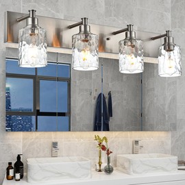 BONLICHT Modern Bathroom Light Fixtures in Brushed Nickel Finish, 2 Light Industrial Indoor Wall Sconce Farmhouse Vanity Lighting Over Mirror with Hammered Glass Contemporary Hallway Wall Mount Lamp