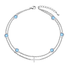 Wasee December Birthstone Anklet Bracelet for Women 925 Sterling Silver Blue Topaz Birthstone Adjustable Cross Anklets Birthday Anniversary Christmas Bracelet/Anklets Jewelry for Women