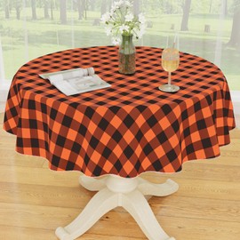 Smiry Round Plastic Table Cloth, Waterproof Vinyl Tablecloth with Flannel Backing, Wipeable Buffalo Plaid Table Cover for Dining, Indoor and Outdoor (Orange & Black, 60" Round)
