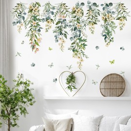 Hanging Vine Wall Sticker Green Leaf Wall Decal DIY Flower Vine Wall Stickers Plant Floral Walls Art Mural Peel and Stick Butterfly Wall Decals for Bedroom Home Decor