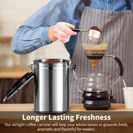 Olyzer Stainless Steel Coffee Canister 22 oz, Airtight Coffee Storage Container with Scoop, Date Tracker & CO2 Releasing Valves, for Grounds and Beans, Silver