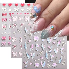 3Sheets 5D Embossed Cute Nail Stickers Summer Shell Starfish Mermaid Nail Decals Pink Butterfly Rose Flower Nails Art Stickers Heart Bow Nails Supplies for Women Girls DIY Manicure Decoration