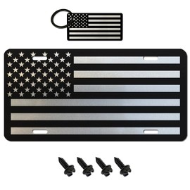 USA Made - Vanity Novelty Thick Brushed Aluminum Monochrome American Flag License Plate + 4 Black License Plate Screws and Keychain - Car Tag