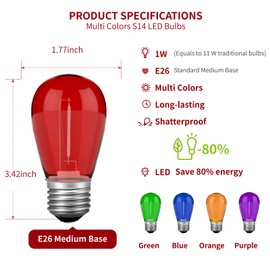 VISTERLITE S14 Colored LED String Light Bulbs, 15 Pack 1 Watt Plastic Shatterproof LED Replacement Bulbs for Indoor Outdoor String Light, E26 Medium Base, Multi-Color: Red/Green/Blue/Purple/Orange