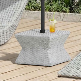 Sunjoy Outdoor Side Table with Umbrella Hole, Poolside 16-Inch Rattan Wicker Square Combination Umbrella Stand Side Table, Grey