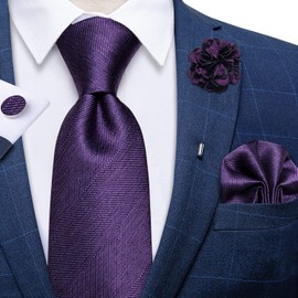 DiBanGu Silk Solid Ties for Men Purple Tie Set and Lapel Pin Brooch Woven Handkerchief Cufflinks Wedding Formal