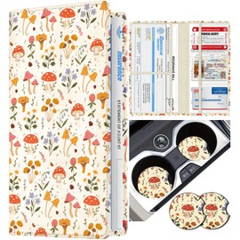 Slohif Car Registration and Insurance Holder - Mushroom Vehicle Glove Box Organizer Women with Magnetic Shut Leather Automobile License Holders Coasters Auto Accessories Case for Document