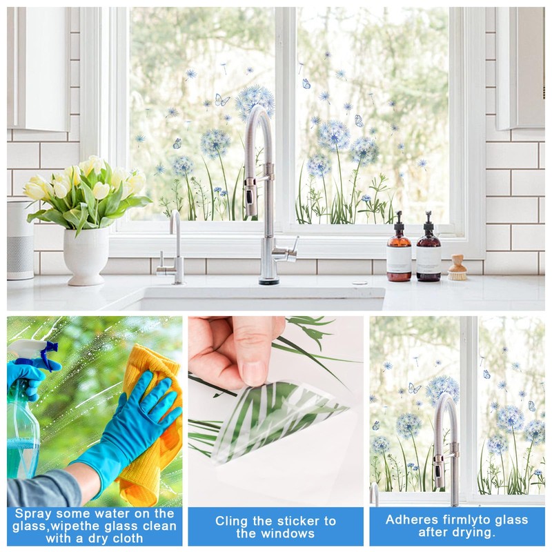 RUCUDIM Blue Dandelion Window Sticker, Butterfly Window Sticker, Flowers, Double-Sided