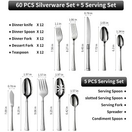 Silverware Set Service for 12, 18/10 Stainless Steel, 65 Piece Set, Flatware Cutlery Set with Serving Utensils, Mirror Polished