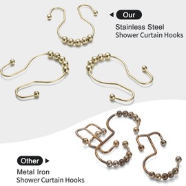 Goowin Shower Curtain Hooks, 12 Pcs Shower Curtain Rings, Stainless Steel Roller Rust-Resistant Balance Sliding Anti-Drop Double Shower Hooks for Curtain Bathroom Shower Curtains (Gold)