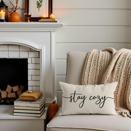 PANDICORN Throw Pillow Cover 12x20 Inch Cream, Stay Cozy Decorative Lumbar Cushion Case for Couch Sofa Bed, Neutral Farmhouse Home Decor for Living Room or Entryway Bench Decoration