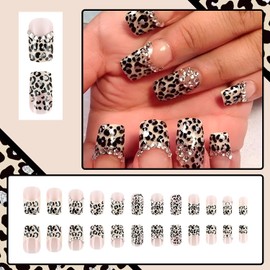 RIICFDD 24 Pcs Fall Press on Nails Short Square Fake Nails Rhinestone Nails Charms Stick on Nails Leopard Point Glue on Nails Full Cover Autumn Winter False Nails for Women Girls French Nails