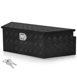 Auto Dynasty 38" Aluminum Truck Bed Box Tool Underbody Box Trapezoid Truck Storage Irregular Organizer Chest w/Lock & Keys for Pick Up Truck Bed, RV Trailer, 38" R x 26" F x 14.25" x 12", Black
