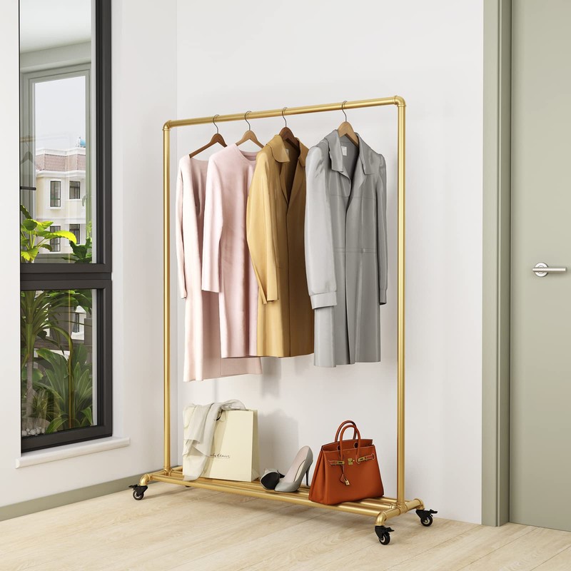 FONECHIN Industrial Gold Clothing Racks on Wheels, Boutique Display Gold
