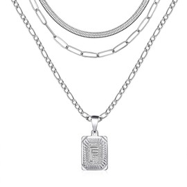 Memgift Gold Layered Necklaces Dainty Trendy Paperclip Snake Choker Silver Stainless Steel Figaro Chain Layered Necklaces Jewelry Gifts Square Pendant Necklace Letter F