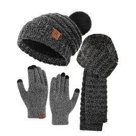 Hat Gloves Scarf Set For Women, Womens Winter Hats Fleece Lined Slouchy Beanie With Pom Scarf Thermal TouchScreen Gloves Sets (Black)