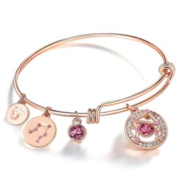 Leafael Superstar Libra Zodiac Expandable Bangle Bracelet Made with Premium Crystals Horoscope Constellation September October Birthstone Rosaline Pink Jewelry, Rose Gold Plated, 7"