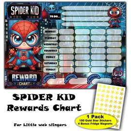 Good Behaviour - Superhero - Spider Kid Themed Reward Chart - 100 Gold Star Stickers - Early Learning & Routine