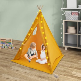 JAYGOVAN Kids Tent, Kids Playhouse 2 in 1 with Padded Mat and Lights Large Play Tent with Windows, Kids Play Tent Indoor & Outdoor Portable & Foldable Teepee for Kids, 47"×55"×47" (Yellow)