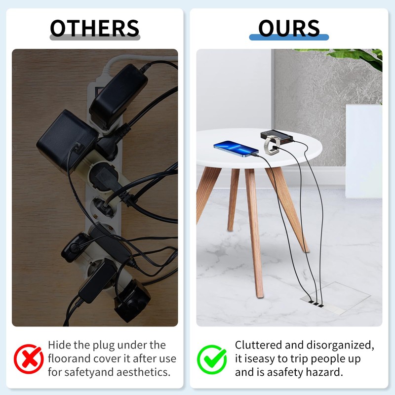 Recessed Flat Hidden Floor Electrical Outlet Kit, Hidden Duplex 2