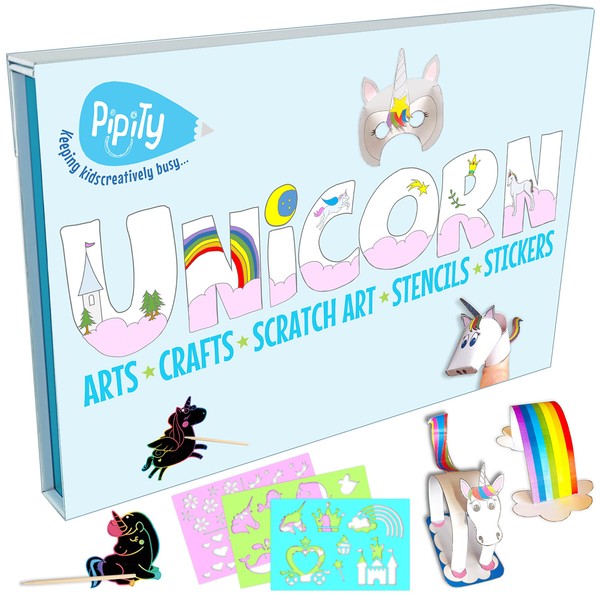 Pipity Unicorn Arts and Crafts Set | Paper Craft, Colouring, Drawing, Stickers, Stencils, Scratch Art and Puzzle Activity Kits for Kids|Gifts for Girls Age 5,6,7,8,9