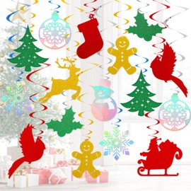 AnyDesign 40Pcs Christmas Hanging Swirls Decor Double-Sided Glitter Red Sky Blue Silver Gold Hanging Streamers Xmas Ceiling Spirals for Home Party