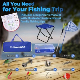 DaddyGoFish Kids Fishing Pole - Rod Reel Combo Tackle Box Starter Set - First Year Small Dock Gear Kit for Boys Girls Toddler Youth Age Beginner Little Children Junior Anglers (Older Kids (Blue), 5ft)
