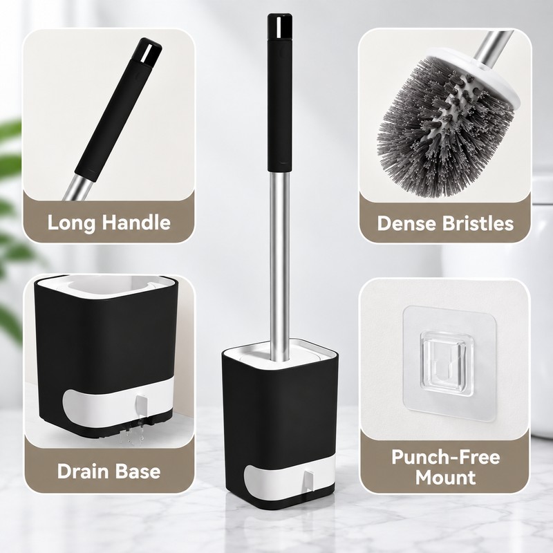 Wall-Mounted Toilet Brush with Drainable Base – Long Handle Bathroom