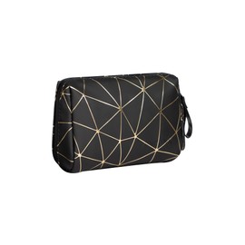 zenpunk Pequeña bolsa de maquillaje para bolso, organizador de maquillaje de piel sintética, bolsa de cosméticos de viaje, bolsa de maquillaje portátil impermeable, bolsa de maquillaje para niñas y mujeres (negro y dorado), Negro -, Pequeño