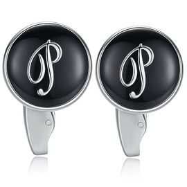 (P) - HONEY BEAR Initial Alphabet Letter Cufflinks Tie Clip Set for Mens - Black Round Stainless Steel, for Business Wedding Gift A - Z