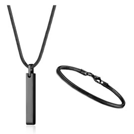 YADOCA Men's Bar Pendant Necklace Stainless Steel Necklace and Bracelets for Men Women 3mm Snake Chain Necklace and Snake Chain Bracelet Set Length 55cm Silver/Black