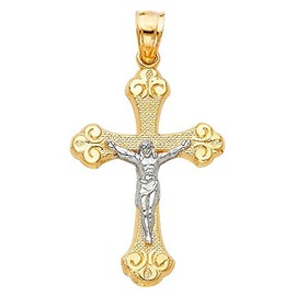 14k REAL Two Tone Gold Religious Crucifix Jesus Cross Charm Pendant