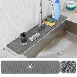 AAROO 24 Inch Longer Faucet Mat for Kitchen Sink with Reusable Multi-Purpose Dish Washing Scrubber, 5 Slope Premium Kitchen Sink Splash Guard, Fast Self-Draining Silicone Mat (Grey) | AAROO