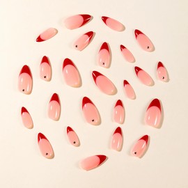 BABALAL Press on False Nails Almond Medium Fake Nails Red Burgundy French Tip Glue on Acrylic Nails Rhinestone Bling 24Pcs Stiletto Manicure Stick on Stiletto Artificial