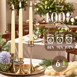 Beeswax Taper Candles 8in 9in 10in Set of 6,Pure White Beeswax Candle Sticks,|8+||9+||10+| Hours Long Burning Natural Bees Wax Candles for Home,Dripless Smokeless Tapered Candlesticks for Dinner
